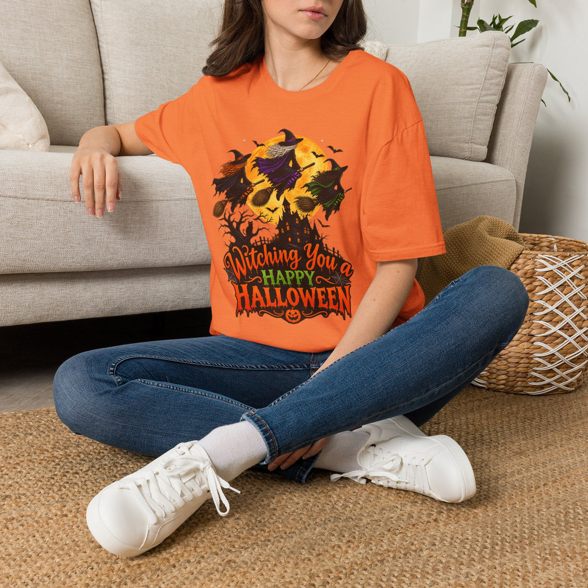 Witching You a Happy Halloween T-Shirt | Witch, Bats, Pumpkin, Moon