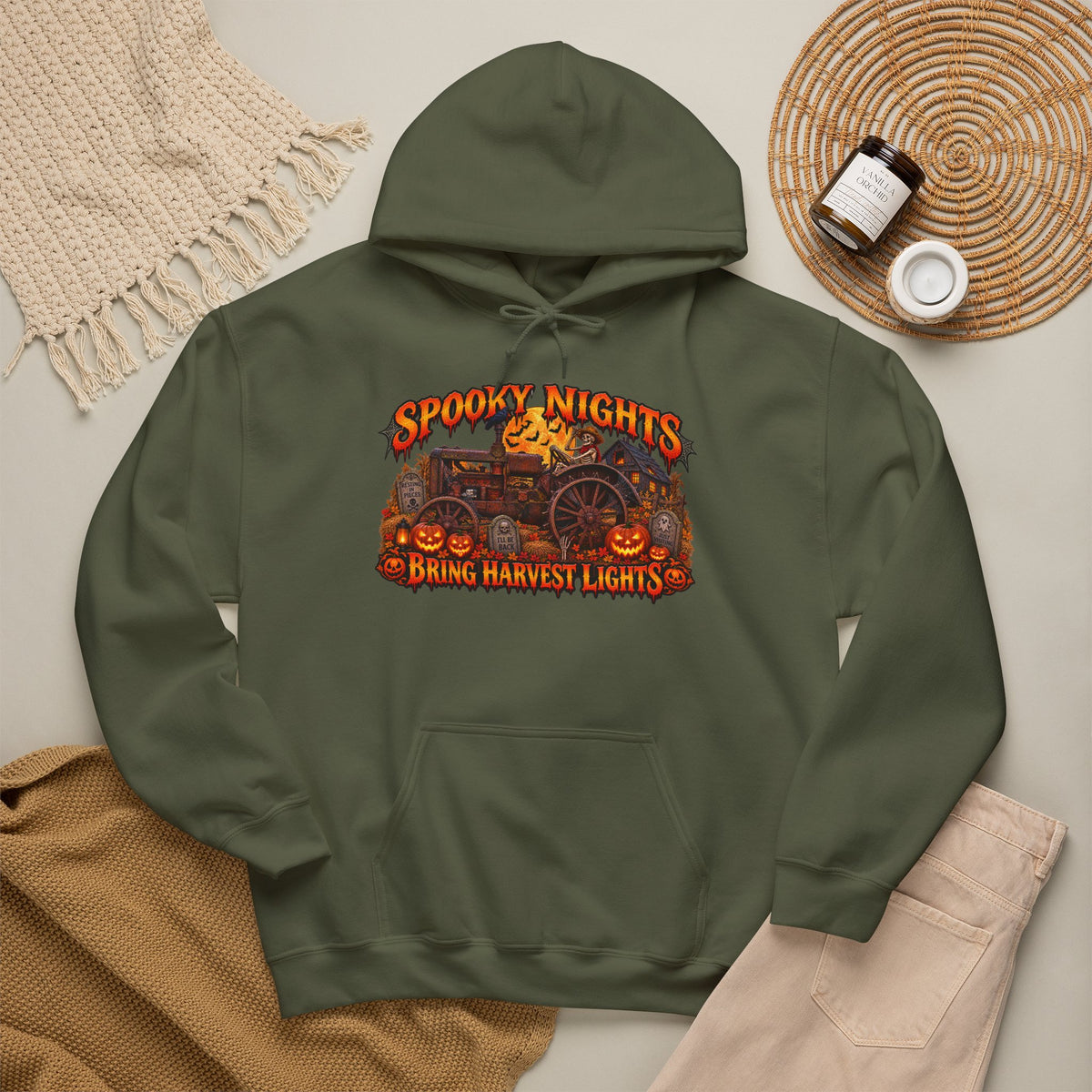 Spooky Nights Bring Harvest Lights Hoodie | Halloween Pumpkin Wagon Sweatshirt