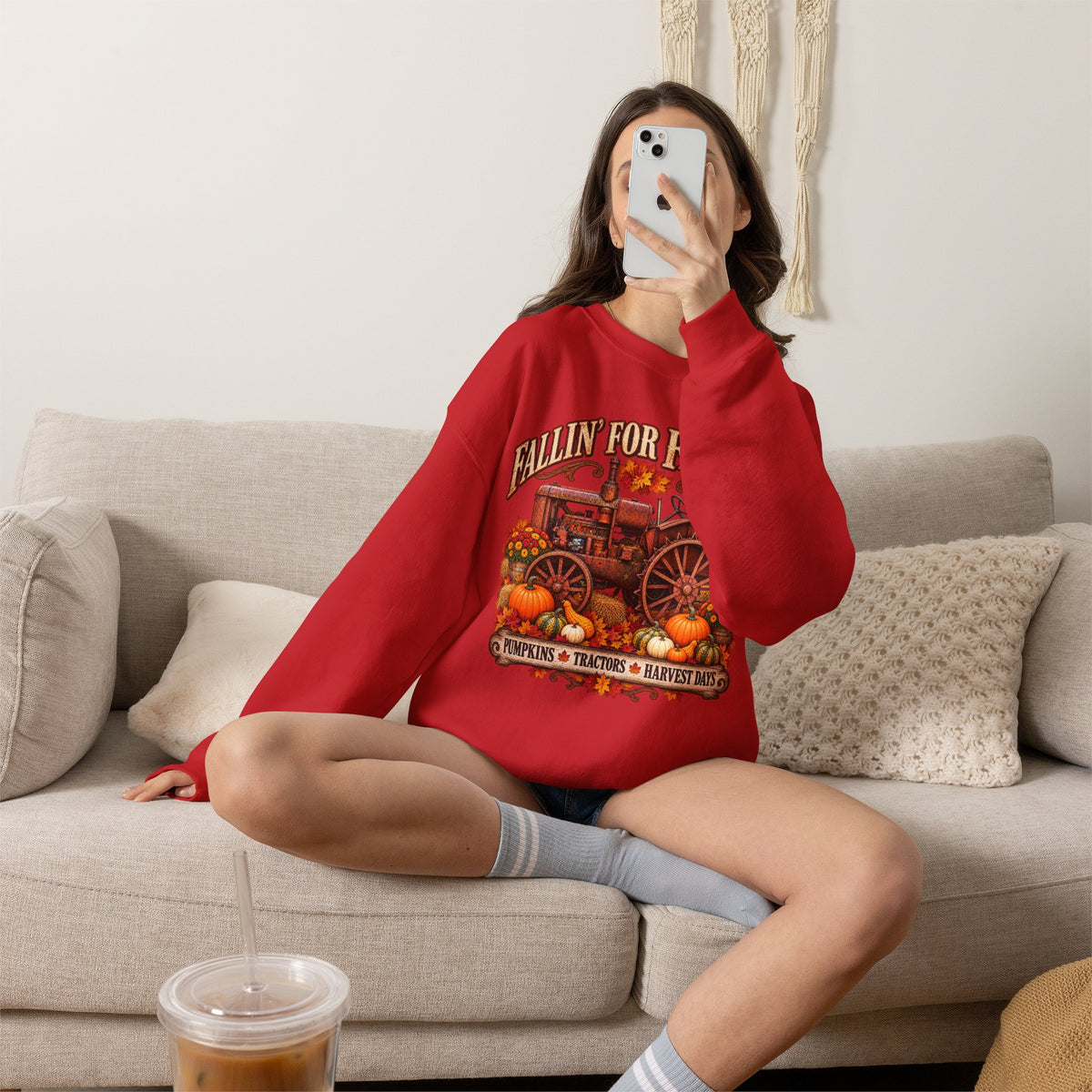 Fallin' for Farm Life Crewneck | Vintage Tractor, Pumpkins, Harvest