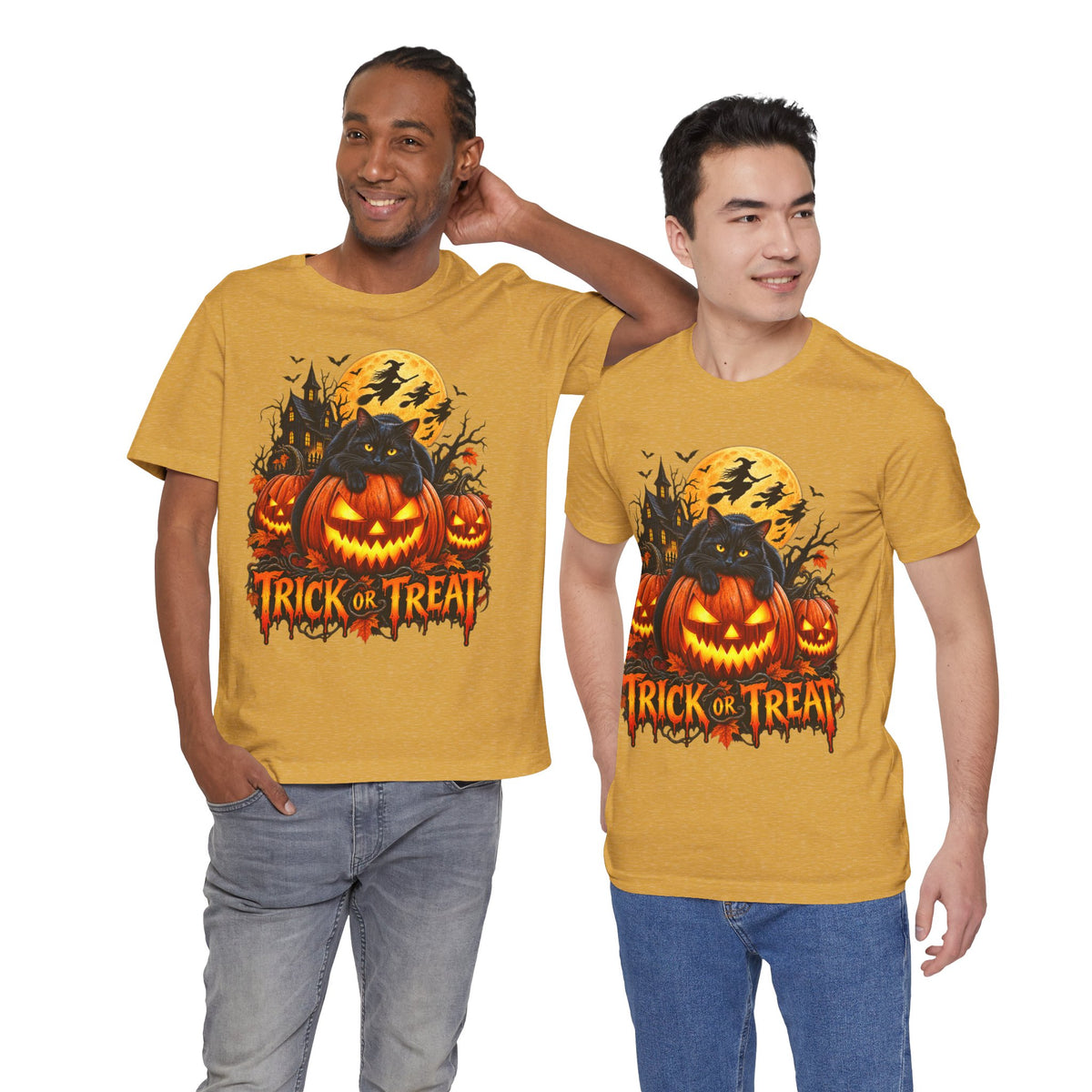 Trick or Treat Jack-O'-Lanterns Pumpkin Cat T-Shirt | Halloween Tee, Spooky Haunted Moon