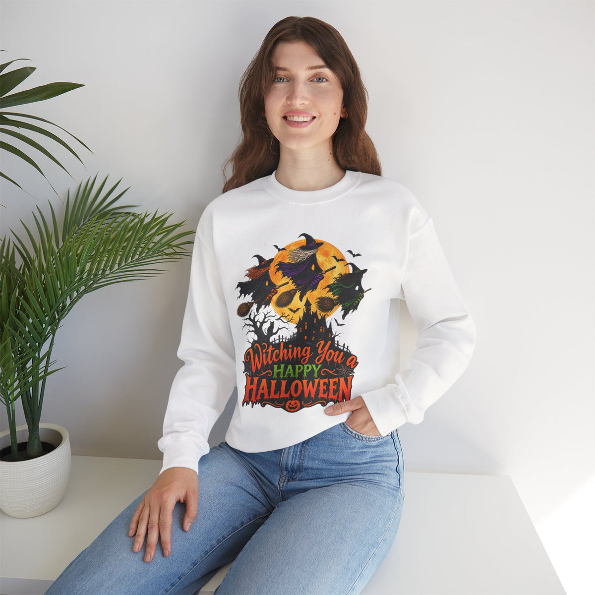 Witching You a Happy Halloween Crewneck Sweatshirt | Halloween Skull Moon Design