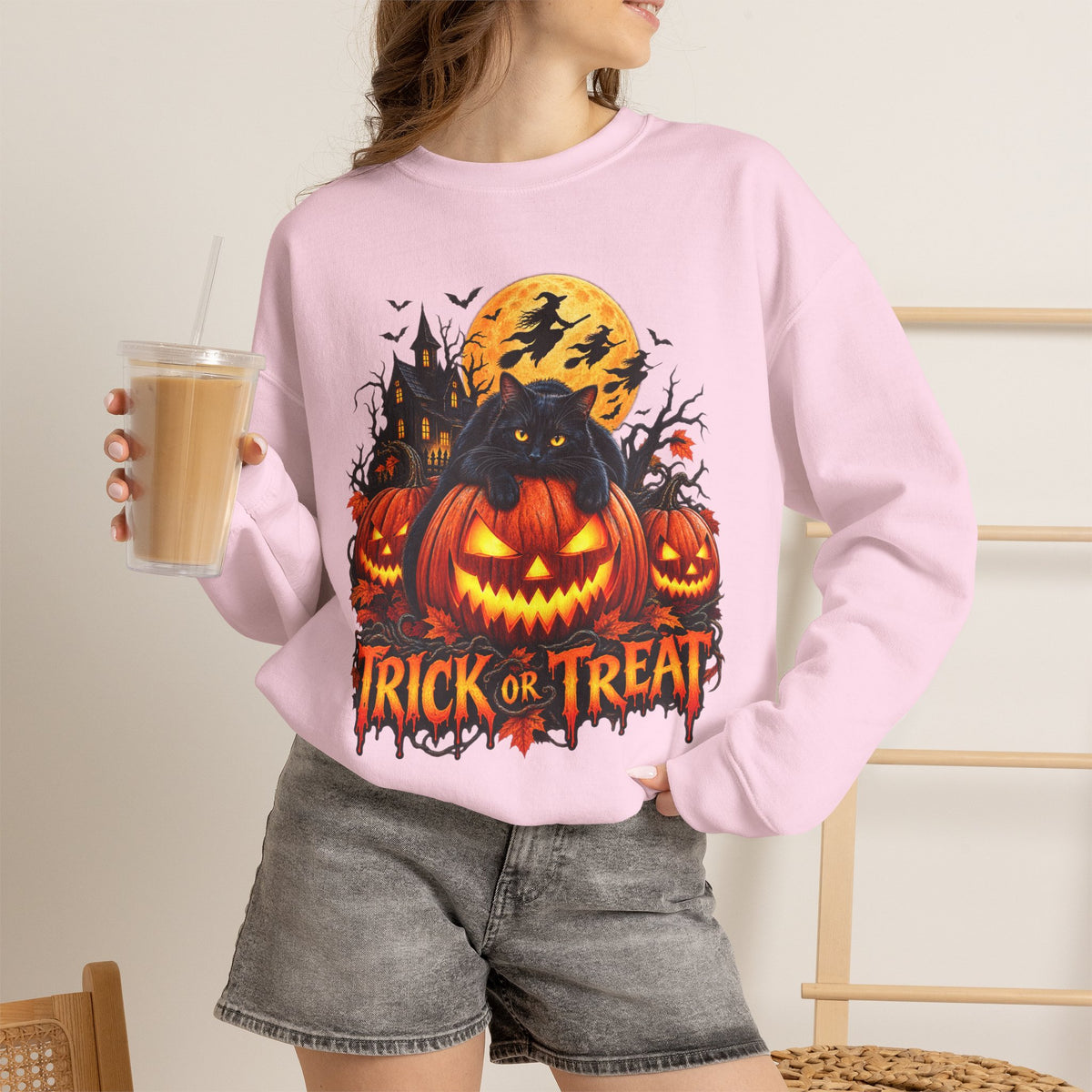 Trick or Treat Pumpkin Cat Sweatshirt | Halloween Jack-O'-Lantern Crewneck