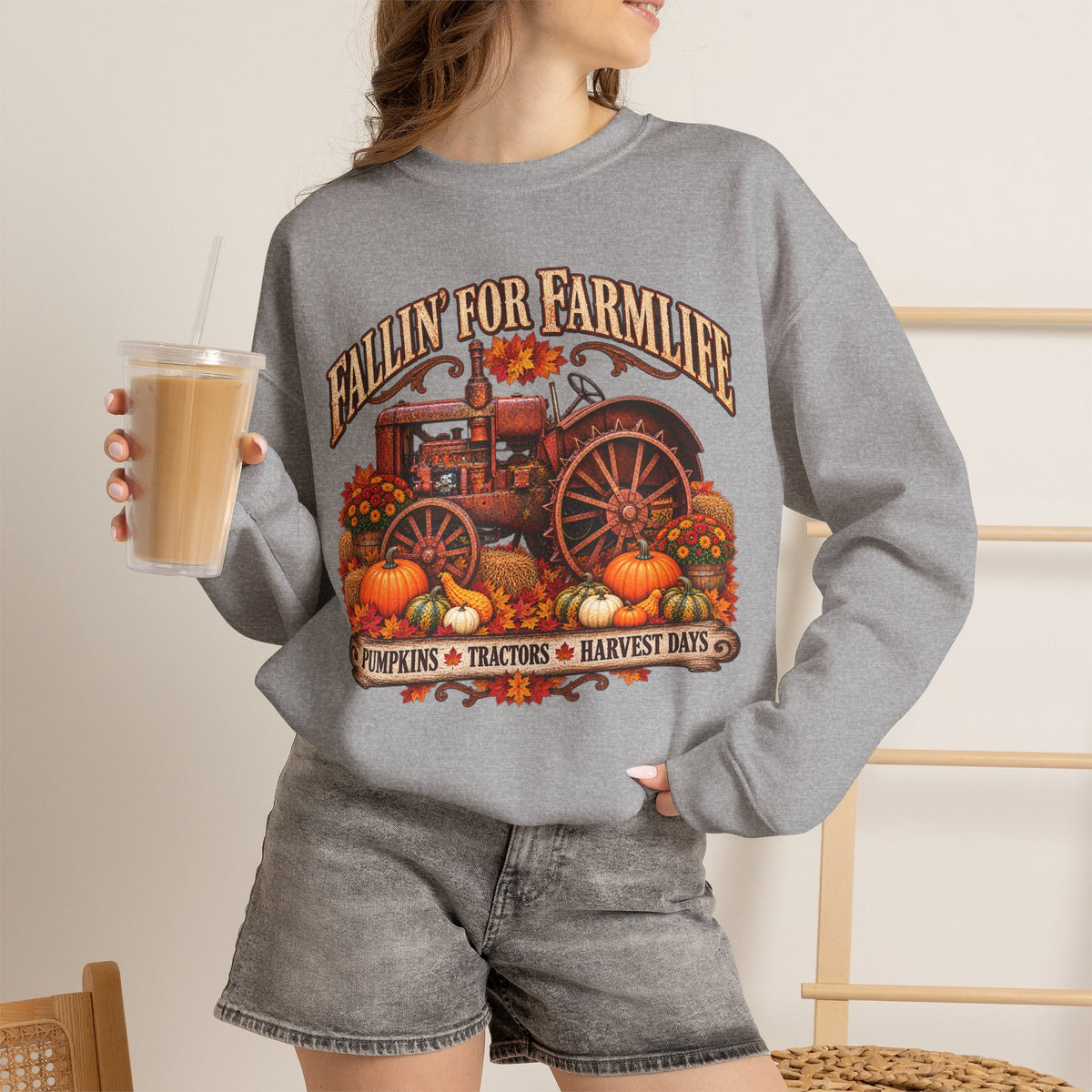 Fallin' for Farm Life Crewneck | Vintage Tractor, Pumpkins, Harvest