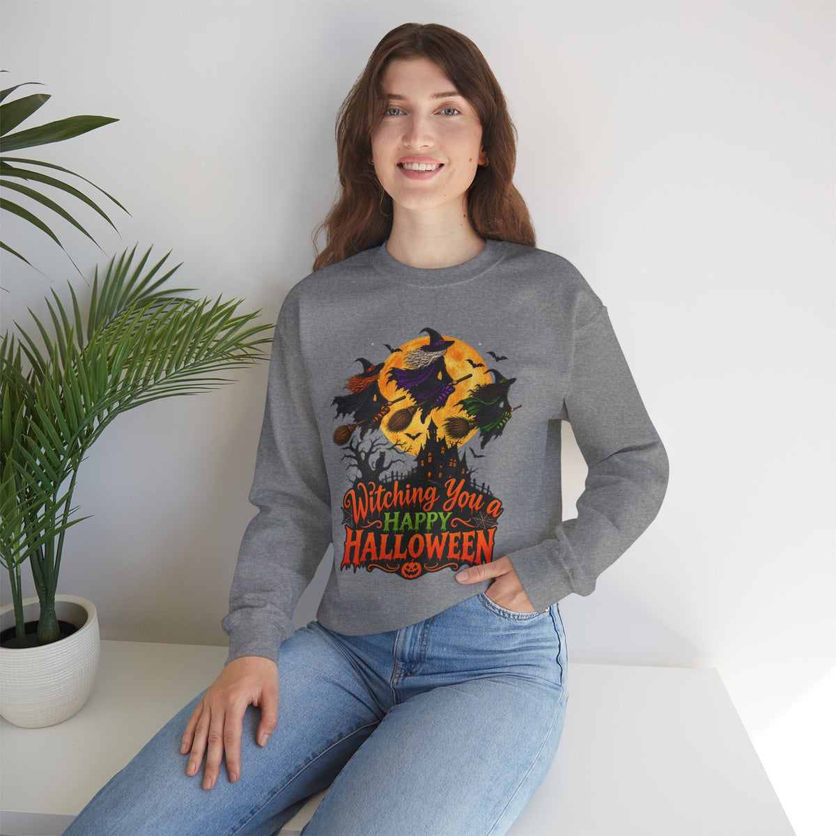 Witching You a Happy Halloween Crewneck Sweatshirt | Halloween Skull Moon Design