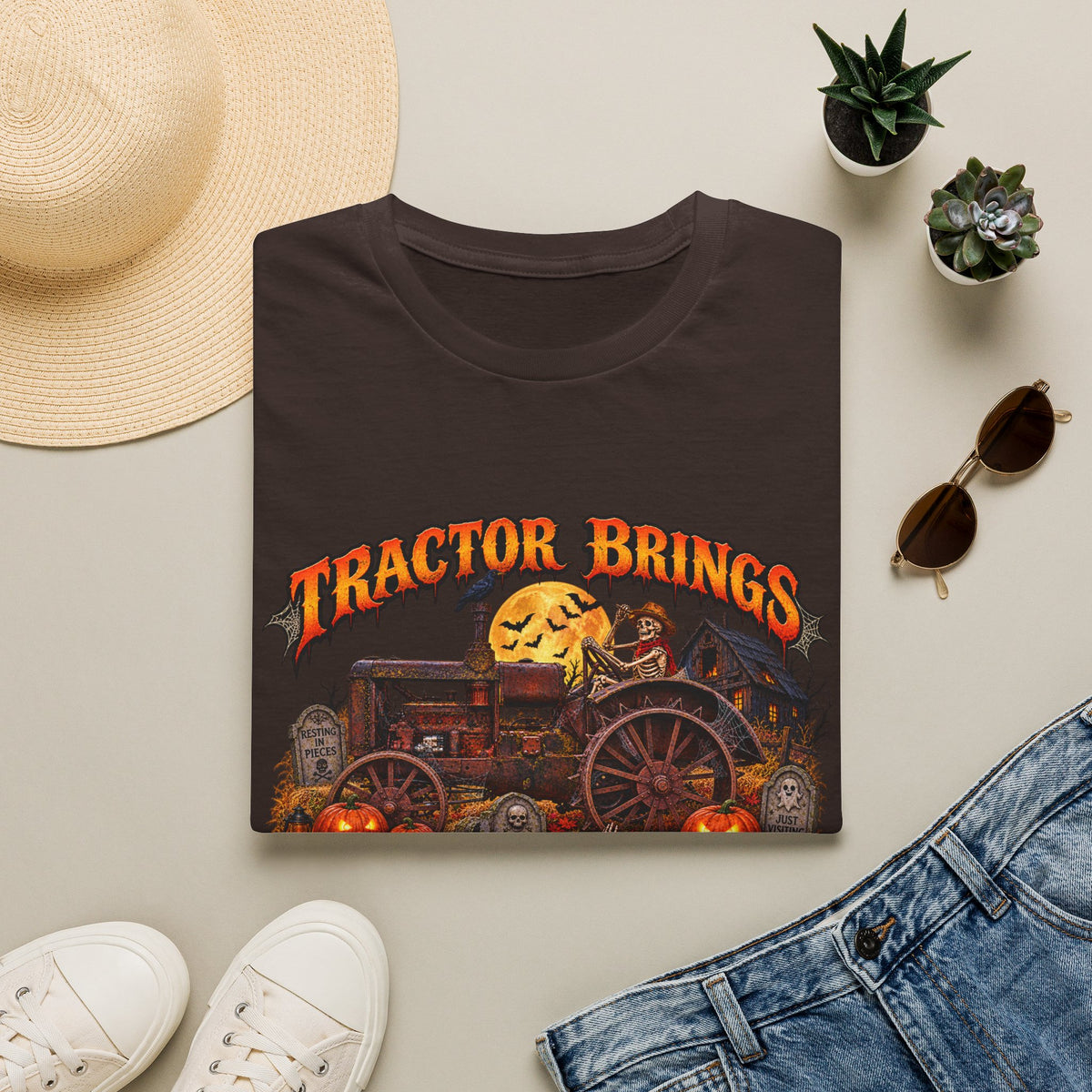 Tractor Brings Halloween Vibes T-Shirt | Pumpkin Farm Tractor Halloween Tee