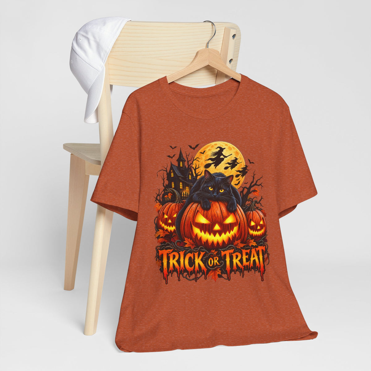 Trick or Treat Jack-O'-Lanterns Pumpkin Cat T-Shirt | Halloween Tee, Spooky Haunted Moon