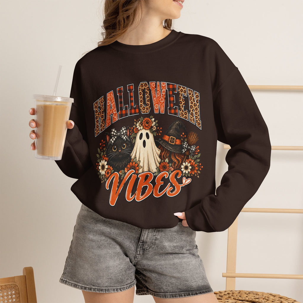 Halloween Vibes Sweatshirt — Cute Ghost & Black Cat Fall Crewneck