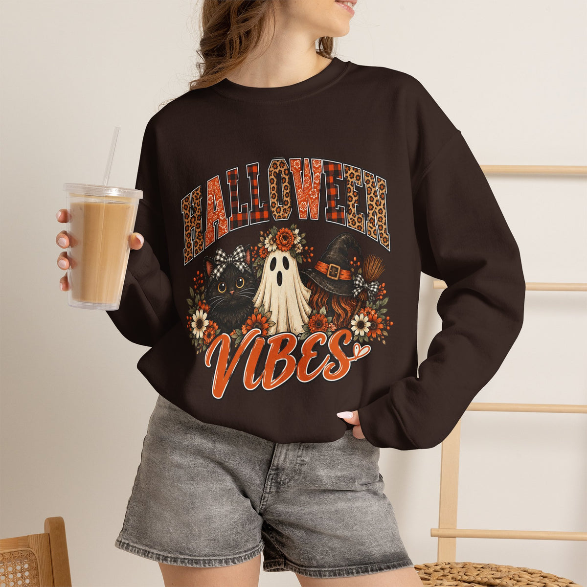 Halloween Vibes Sweatshirt — Cute Ghost & Black Cat Fall Crewneck