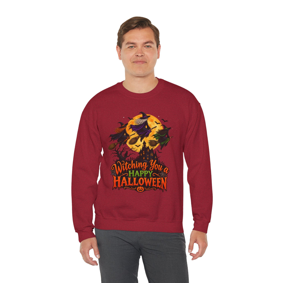 Witching You a Happy Halloween Crewneck Sweatshirt | Halloween Skull Moon Design