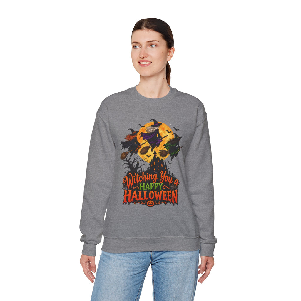 Witching You a Happy Halloween Crewneck Sweatshirt | Halloween Skull Moon Design