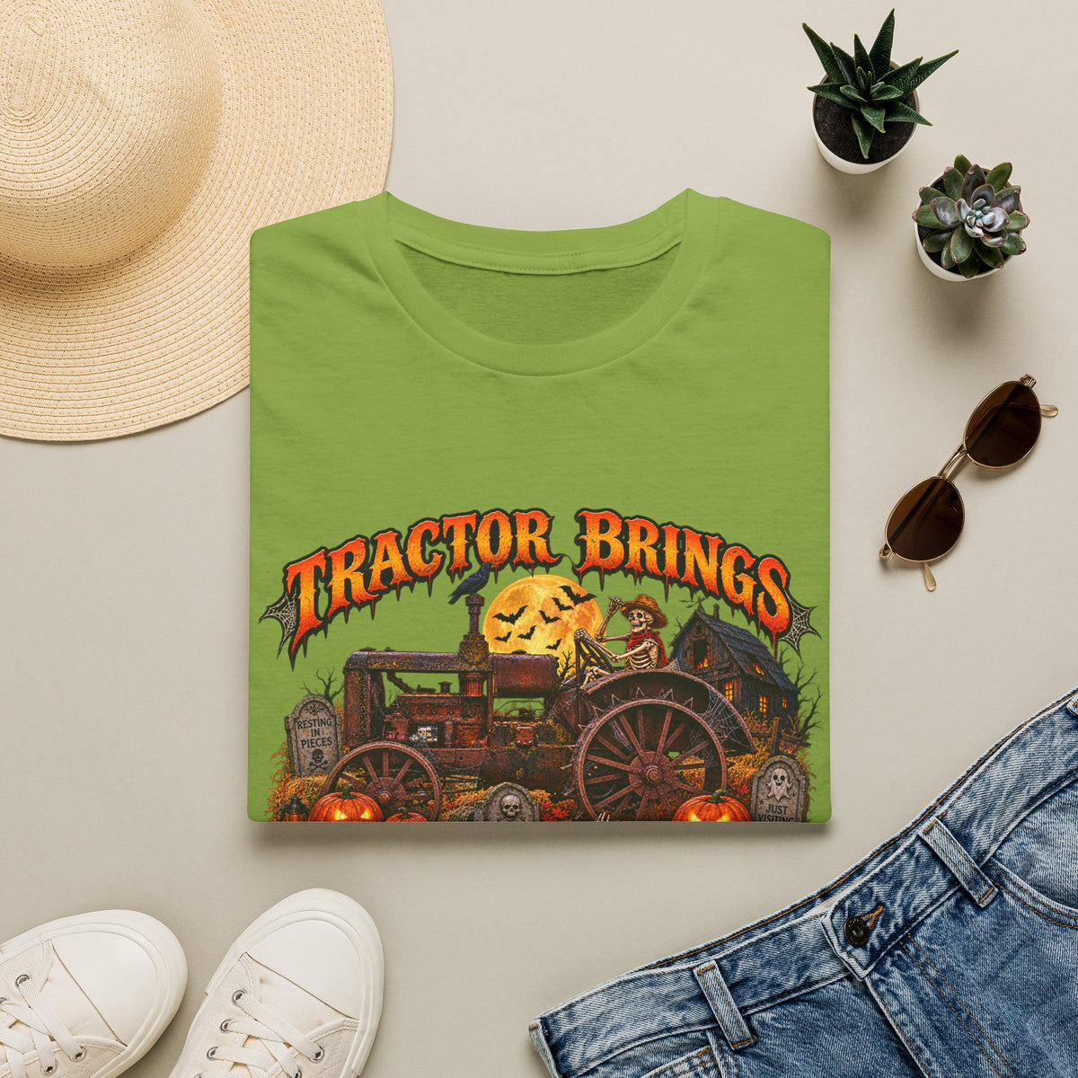 Tractor Brings Halloween Vibes T-Shirt | Pumpkin Farm Tractor Halloween Tee