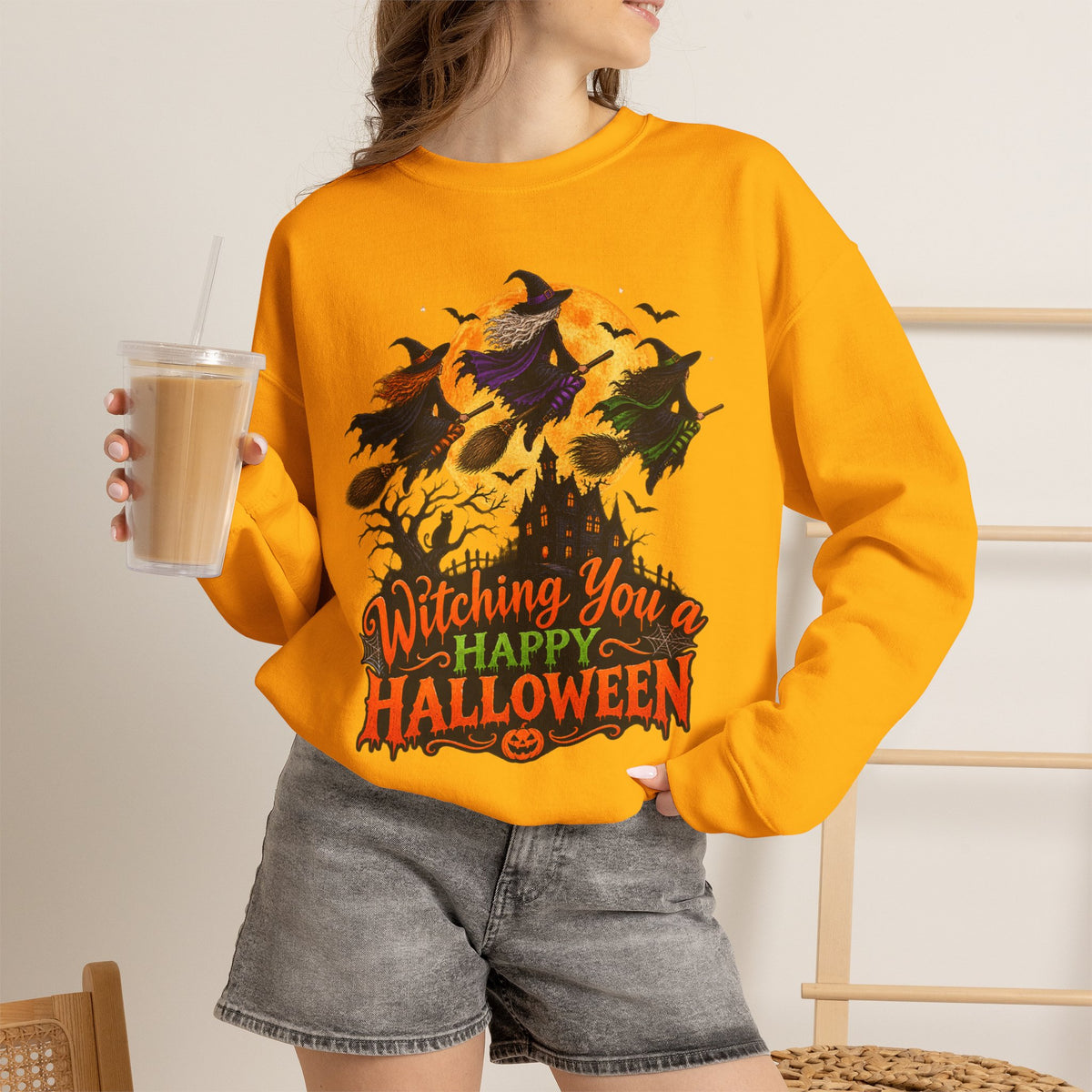Witching You a Happy Halloween Crewneck Sweatshirt | Halloween Skull Moon Design