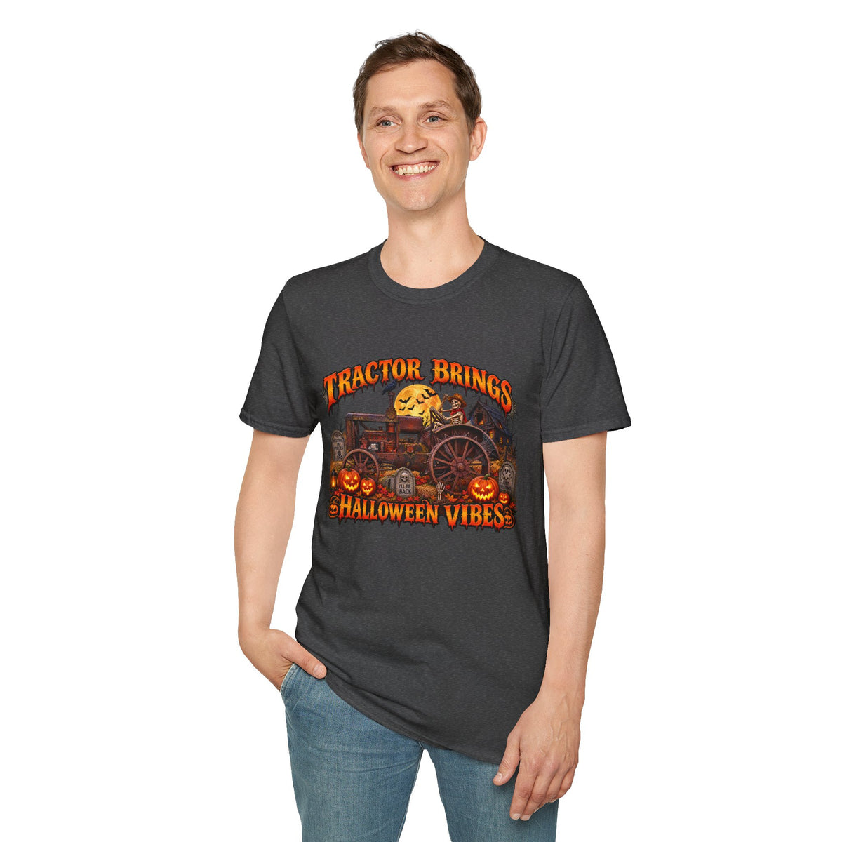 Tractor Brings Halloween Vibes T-Shirt | Pumpkin Farm Tractor Halloween Tee