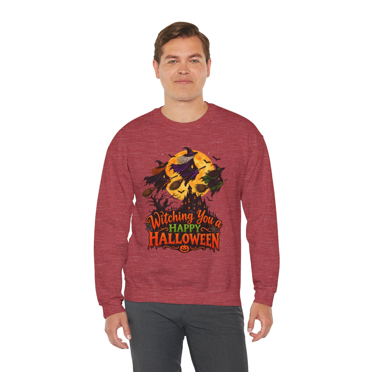 Witching You a Happy Halloween Crewneck Sweatshirt | Halloween Skull Moon Design