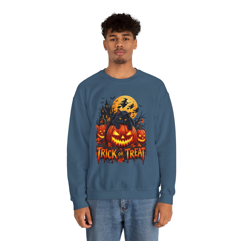Trick or Treat Pumpkin Cat Sweatshirt | Halloween Jack-O'-Lantern Crewneck