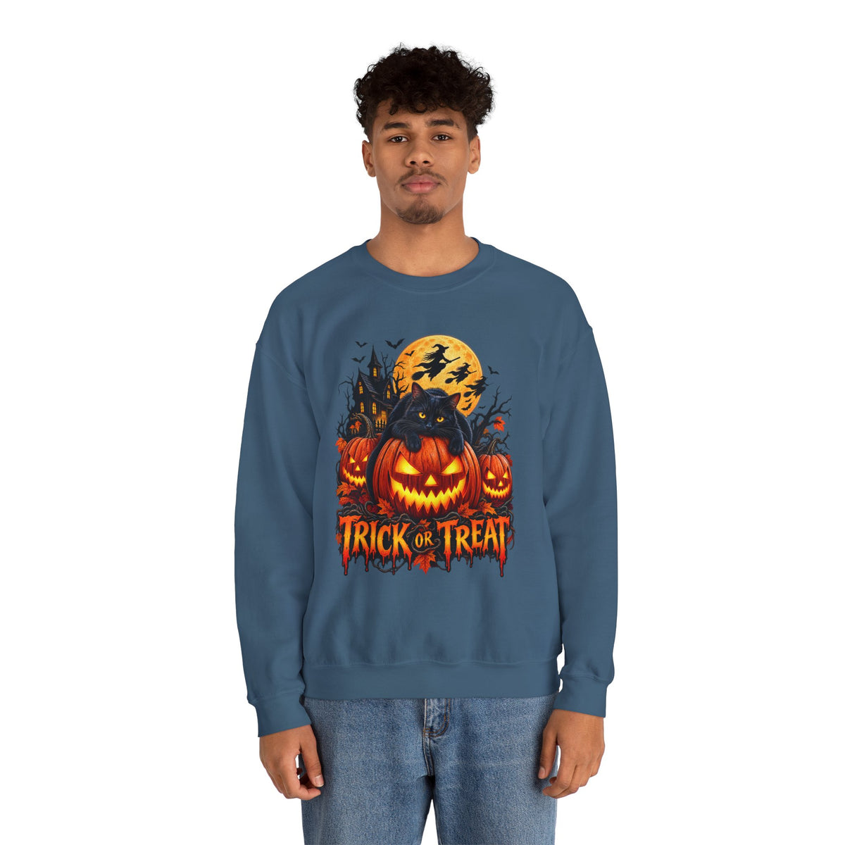 Trick or Treat Pumpkin Cat Sweatshirt | Halloween Jack-O'-Lantern Crewneck