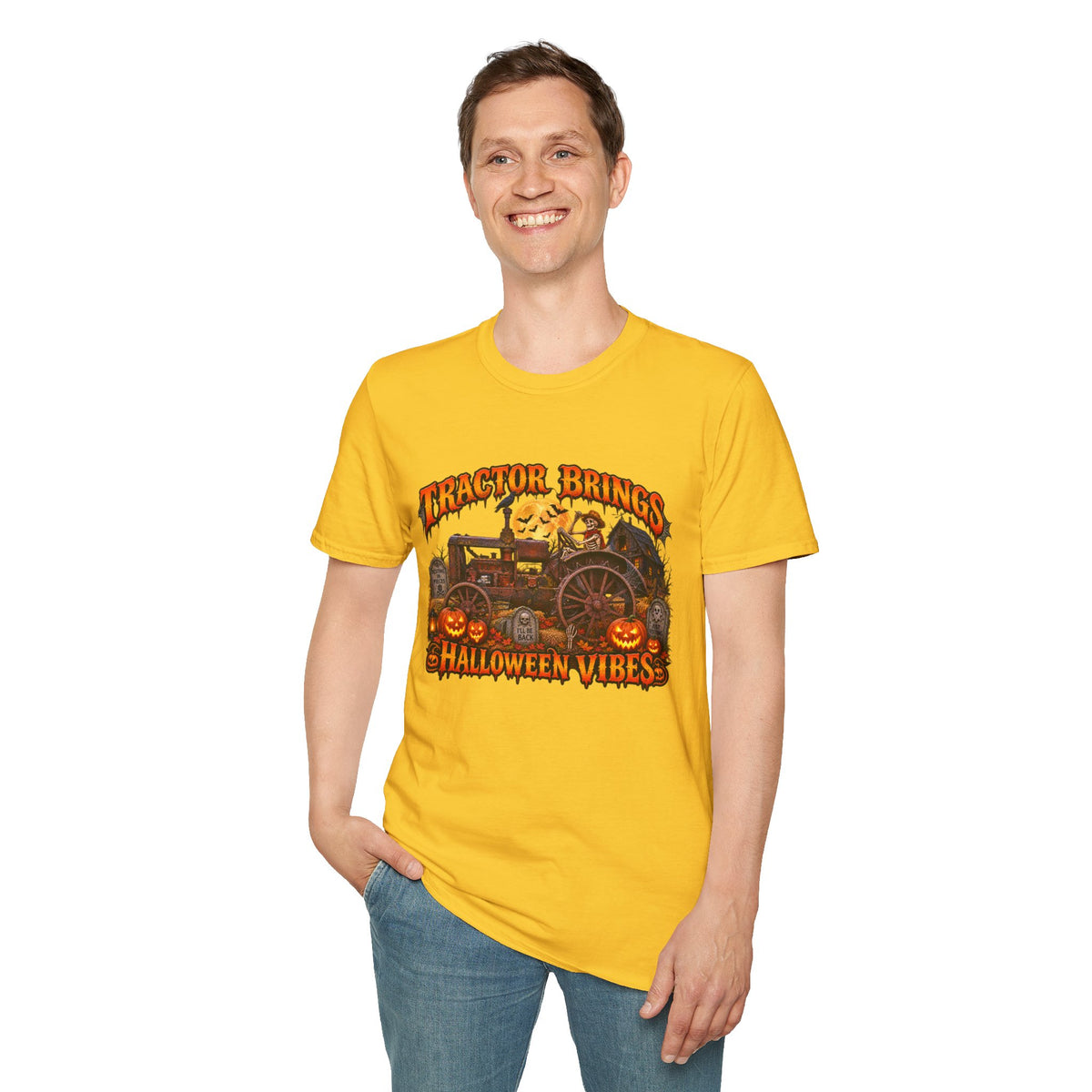 Tractor Brings Halloween Vibes T-Shirt | Pumpkin Farm Tractor Halloween Tee