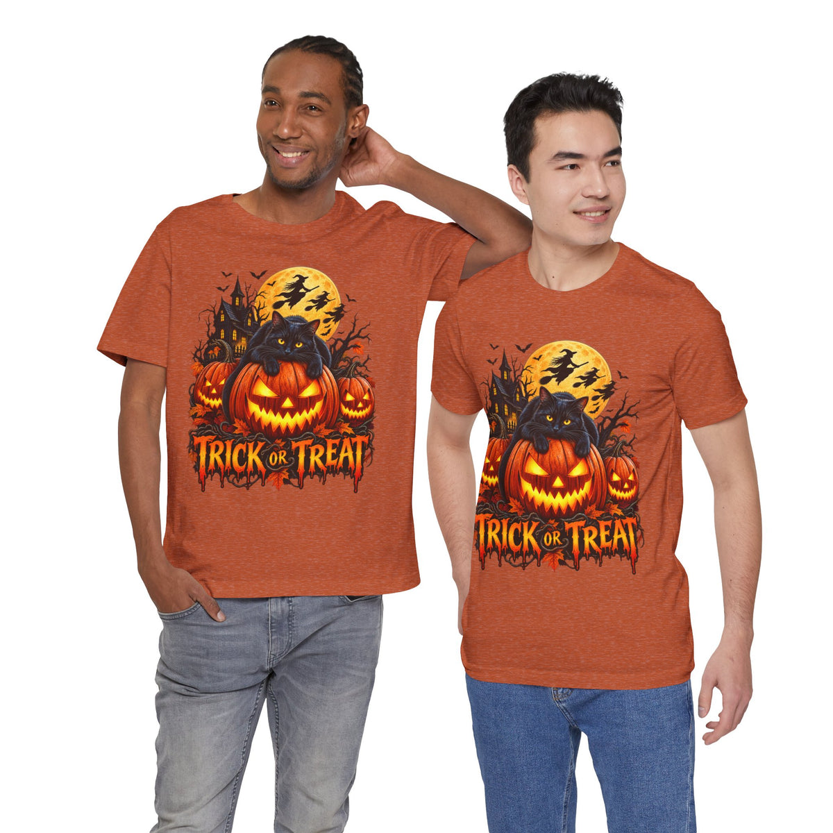 Trick or Treat Jack-O'-Lanterns Pumpkin Cat T-Shirt | Halloween Tee, Spooky Haunted Moon