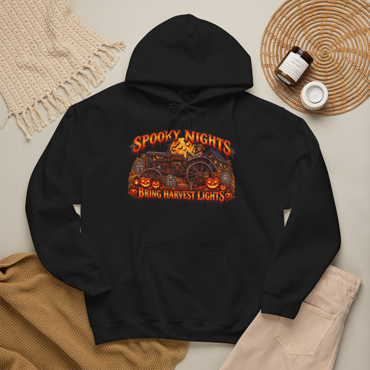 Spooky Nights Bring Harvest Lights Hoodie | Halloween Pumpkin Wagon Sweatshirt