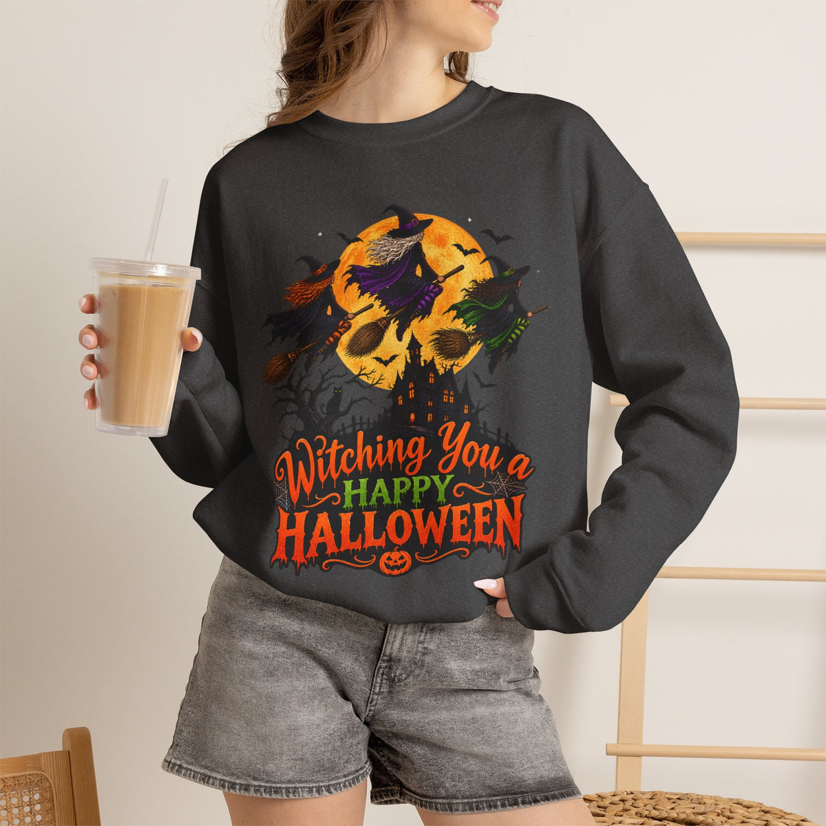 Witching You a Happy Halloween Crewneck Sweatshirt | Halloween Skull Moon Design