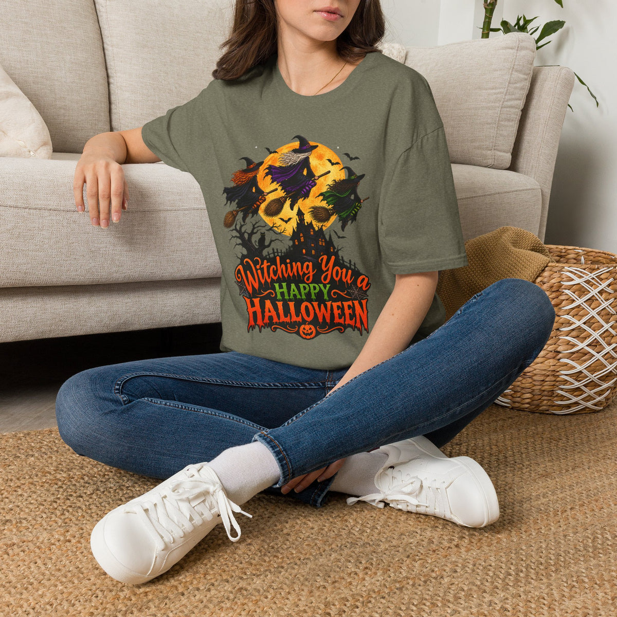 Witching You a Happy Halloween T-Shirt | Witch, Bats, Pumpkin, Moon