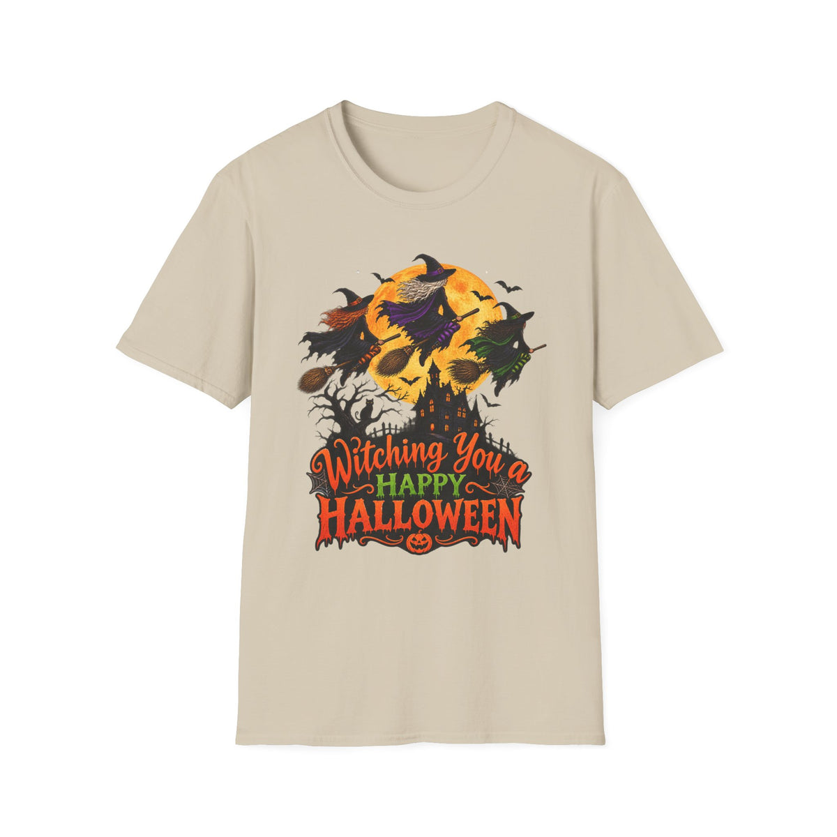 Witching You a Happy Halloween T-Shirt | Witch, Bats, Pumpkin, Moon