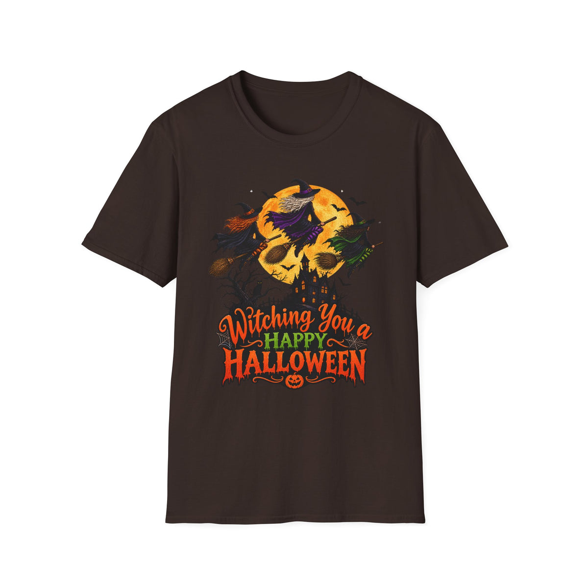 Witching You a Happy Halloween T-Shirt | Witch, Bats, Pumpkin, Moon