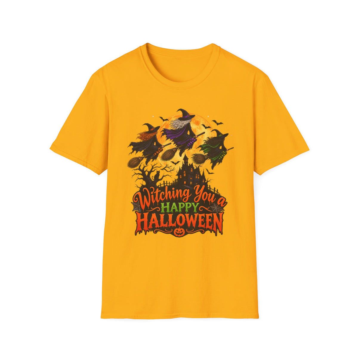 Witching You a Happy Halloween T-Shirt | Witch, Bats, Pumpkin, Moon
