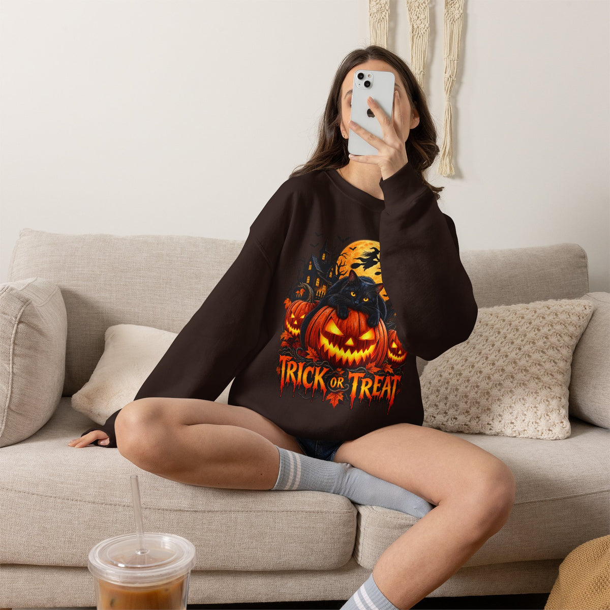 Trick or Treat Pumpkin Cat Sweatshirt | Halloween Jack-O'-Lantern Crewneck