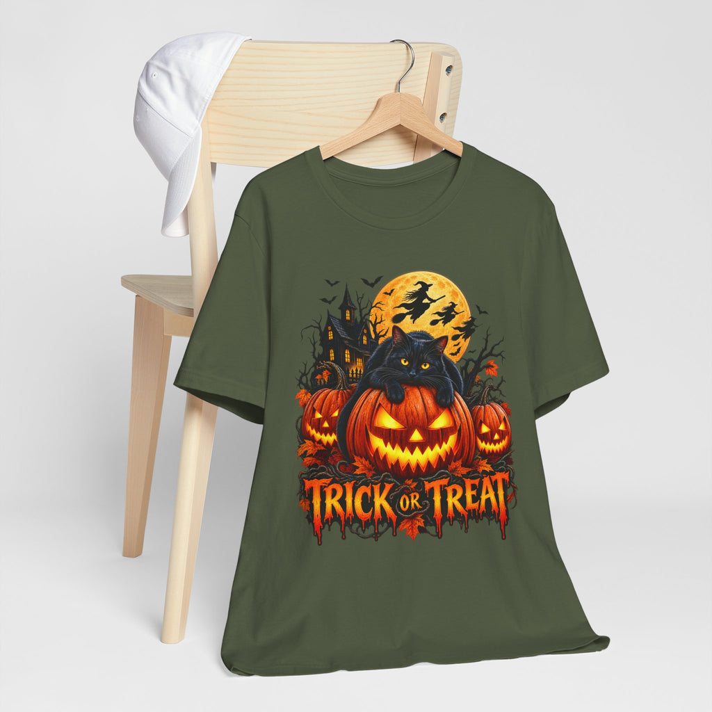 Trick or Treat Jack-O'-Lanterns Pumpkin Cat T-Shirt | Halloween Tee, Spooky Haunted Moon