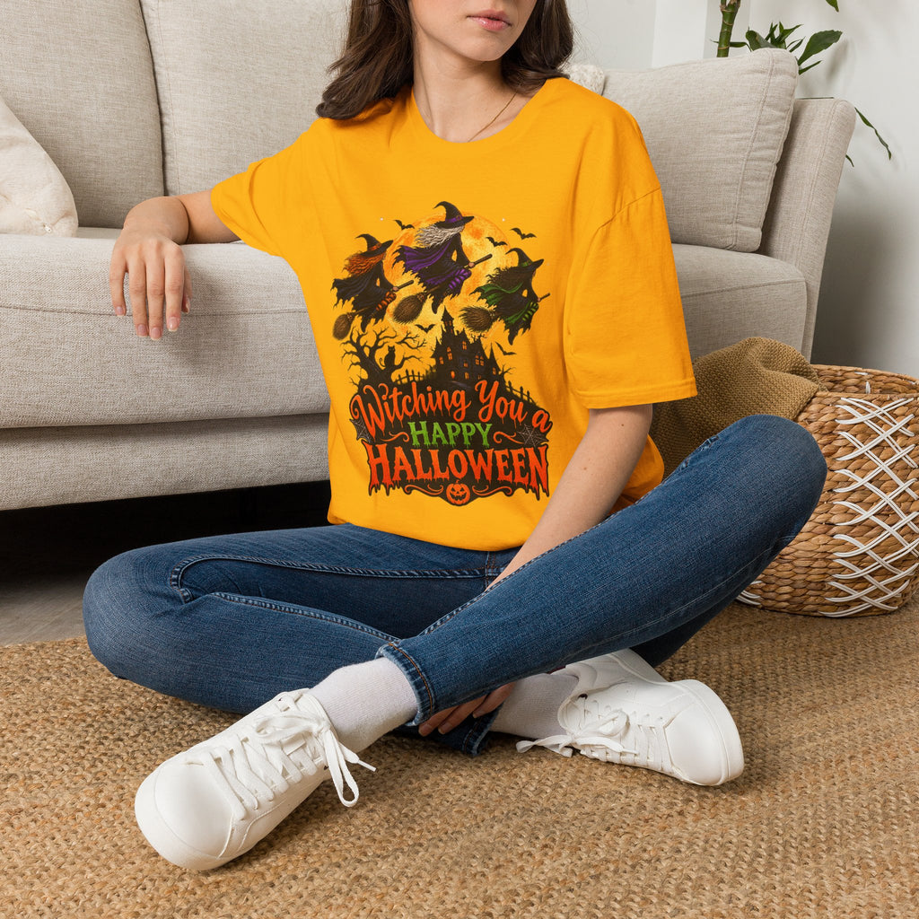 Witching You a Happy Halloween T-Shirt | Witch, Bats, Pumpkin, Moon