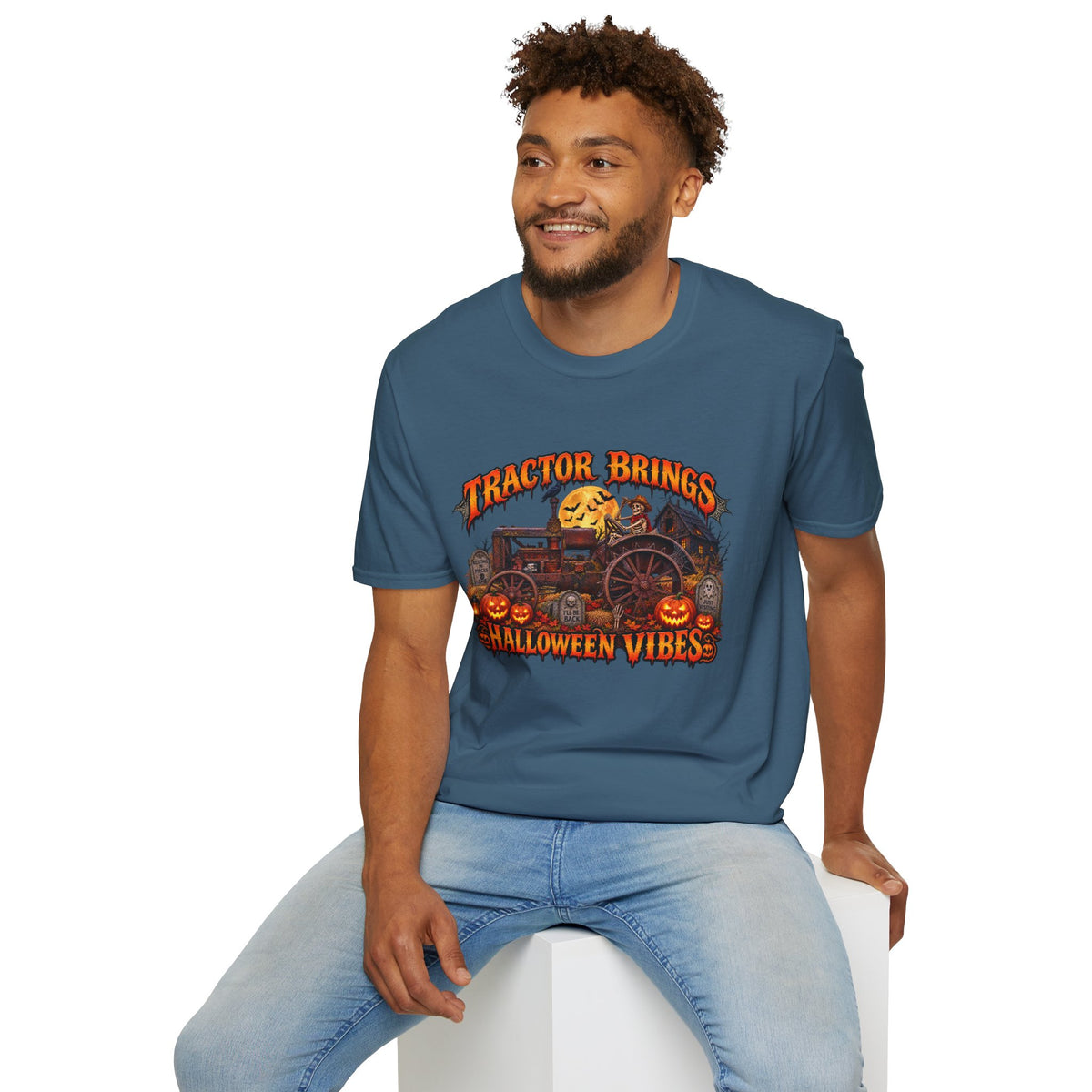 Tractor Brings Halloween Vibes T-Shirt | Pumpkin Farm Tractor Halloween Tee