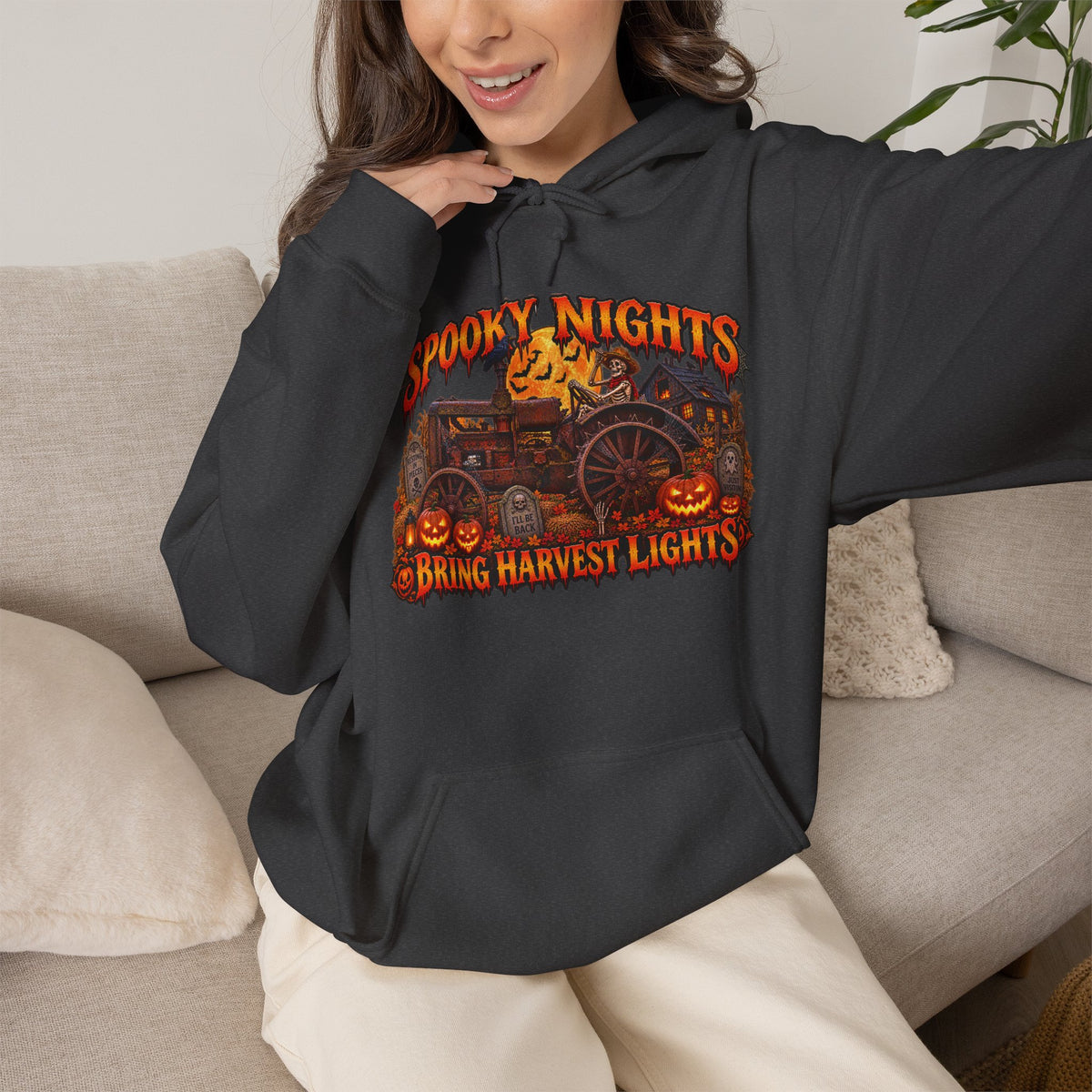 Spooky Nights Bring Harvest Lights Hoodie | Halloween Pumpkin Wagon Sweatshirt