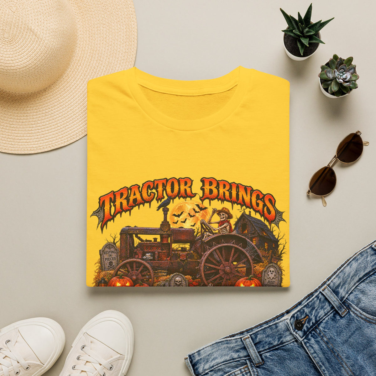 Tractor Brings Halloween Vibes T-Shirt | Pumpkin Farm Tractor Halloween Tee