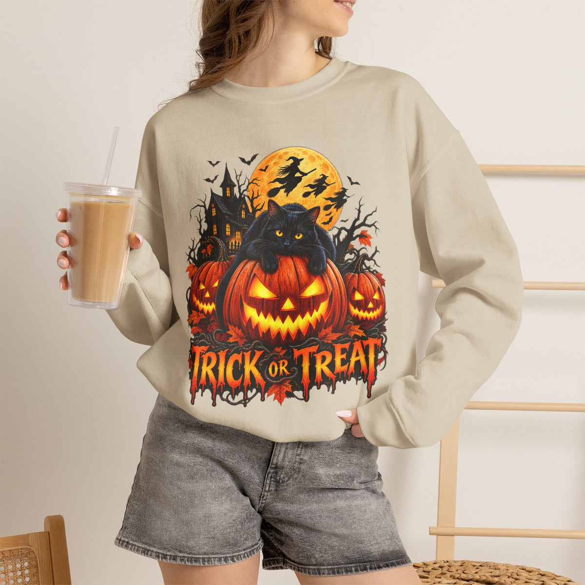 Trick or Treat Pumpkin Cat Sweatshirt | Halloween Jack-O'-Lantern Crewneck