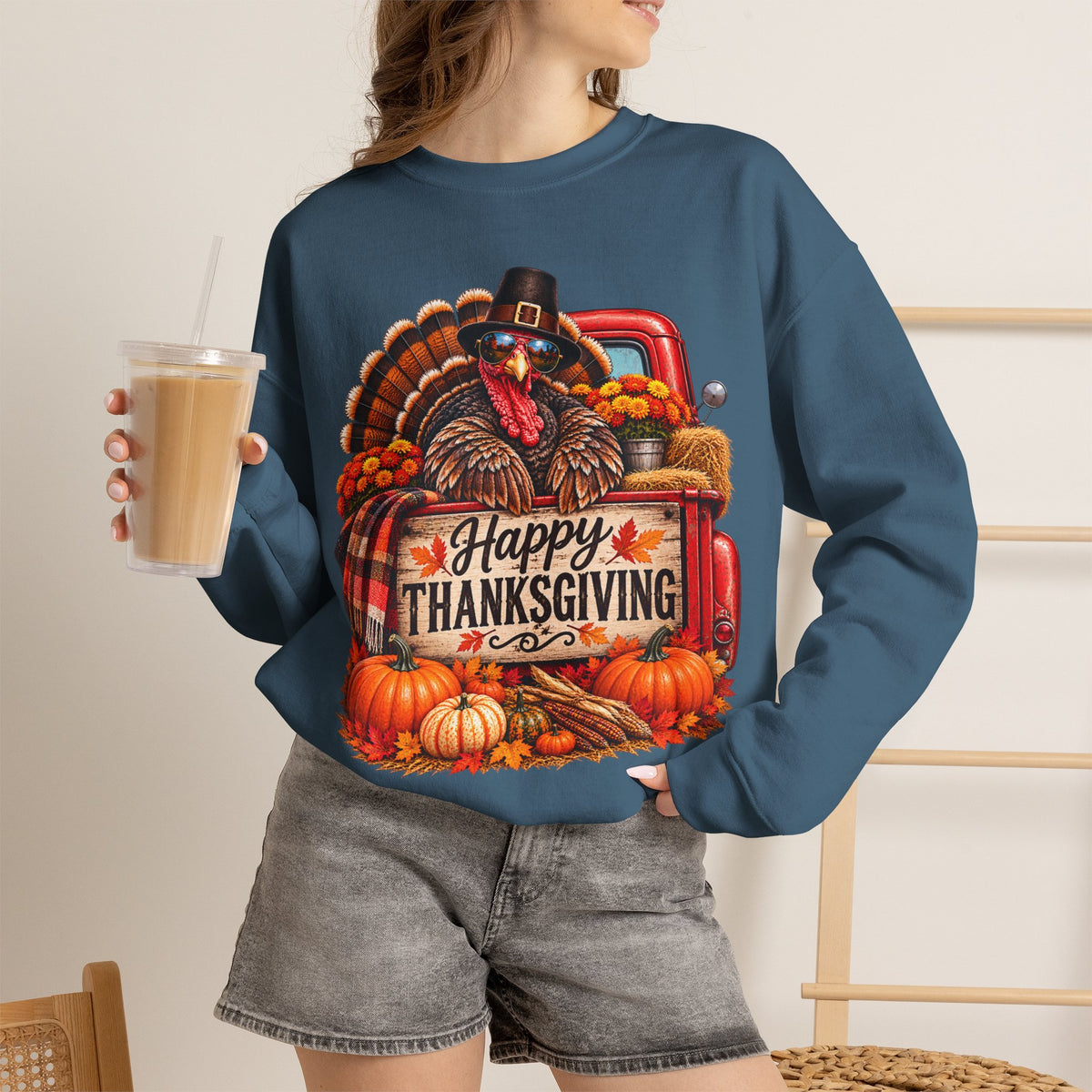 Happy Thanksgiving Turkey Sweatshirt — Fall Pumpkin Harvest Crewneck