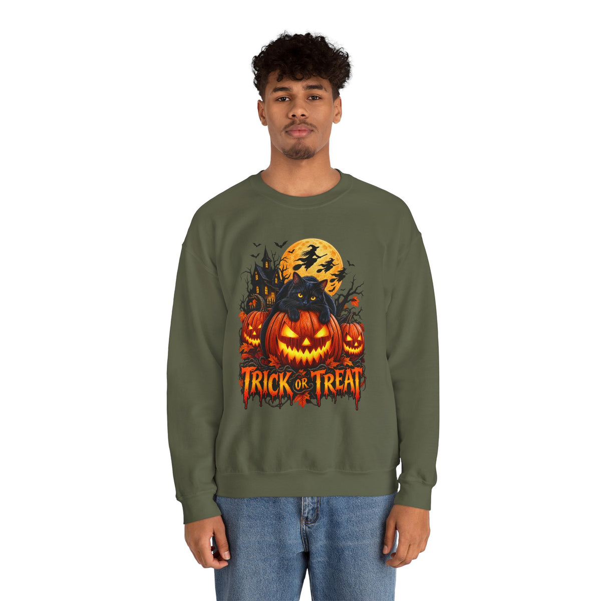 Trick or Treat Pumpkin Cat Sweatshirt | Halloween Jack-O'-Lantern Crewneck