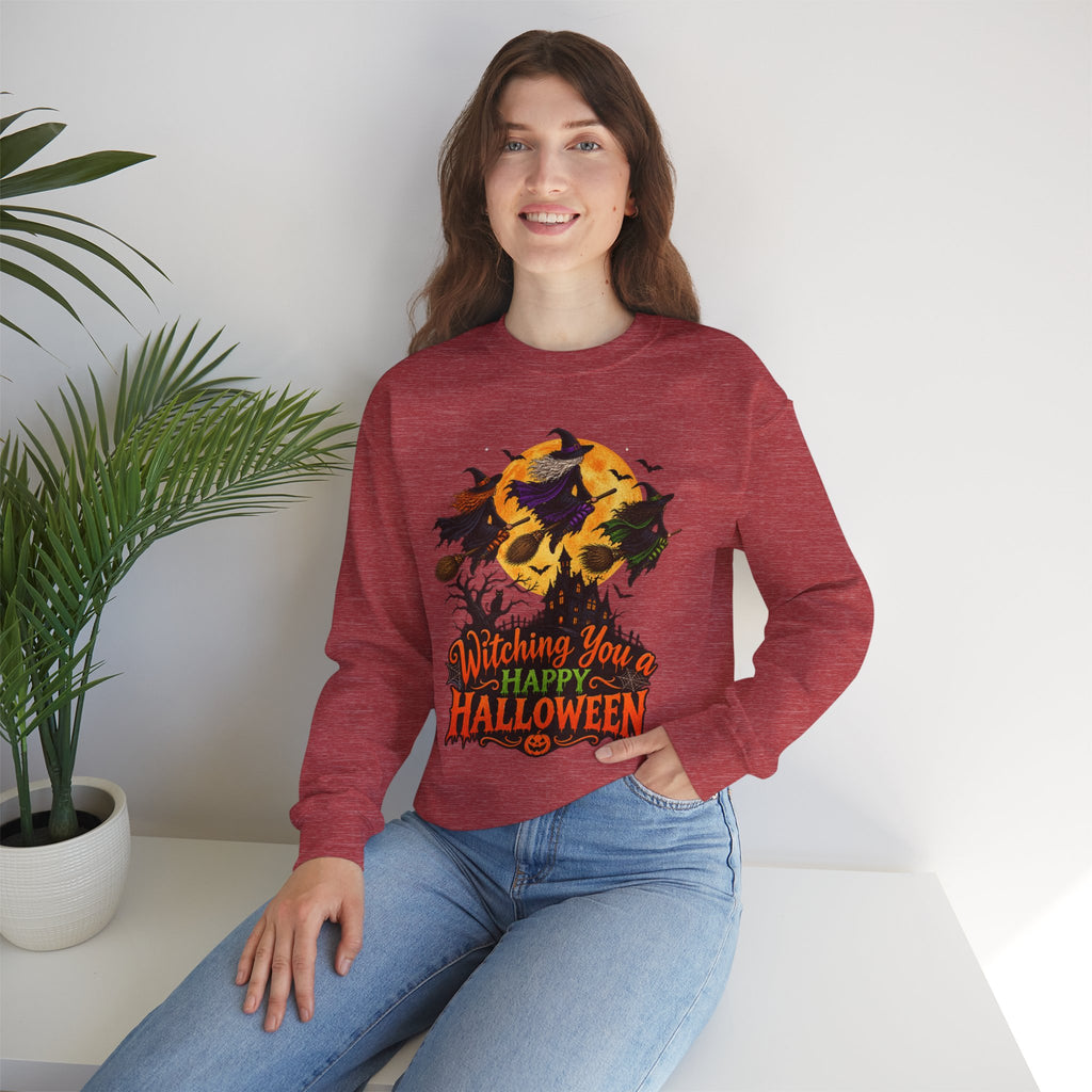 Witching You a Happy Halloween Crewneck Sweatshirt | Halloween Skull Moon Design