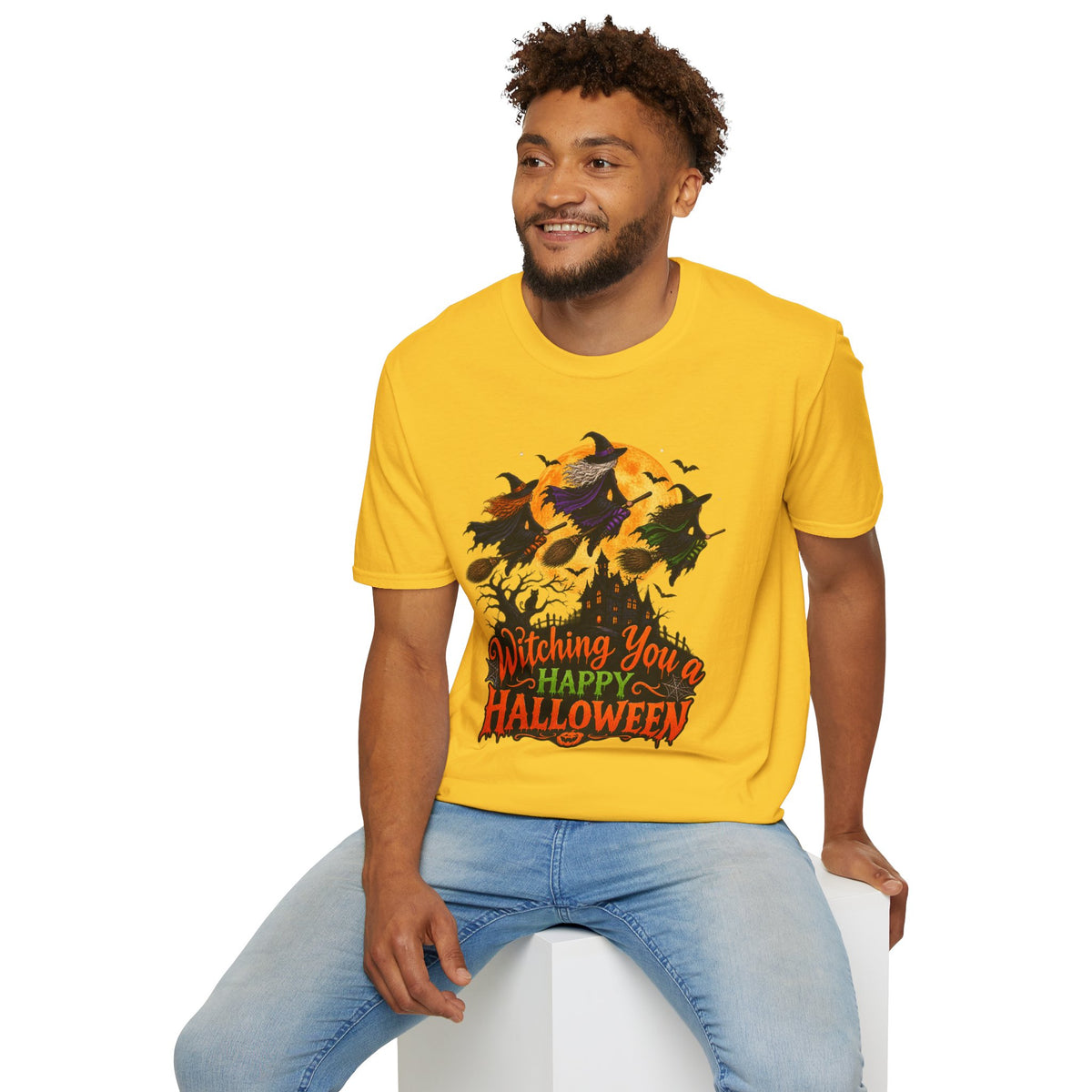 Witching You a Happy Halloween T-Shirt | Witch, Bats, Pumpkin, Moon