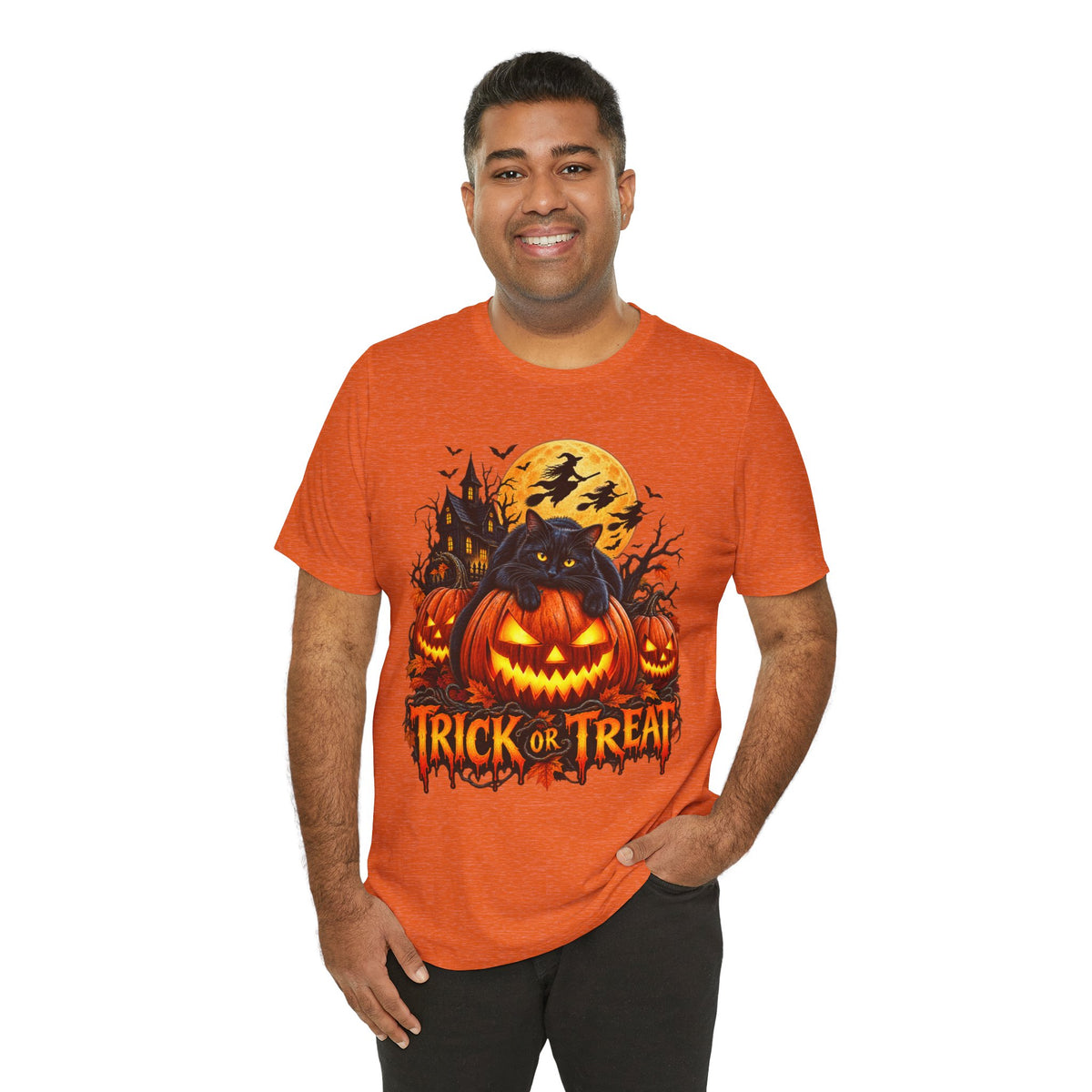 Trick or Treat Jack-O'-Lanterns Pumpkin Cat T-Shirt | Halloween Tee, Spooky Haunted Moon