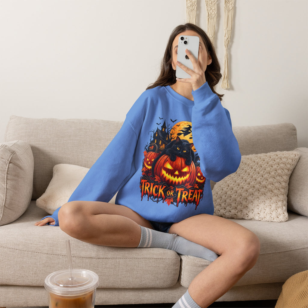 Trick or Treat Pumpkin Cat Sweatshirt | Halloween Jack-O'-Lantern Crewneck