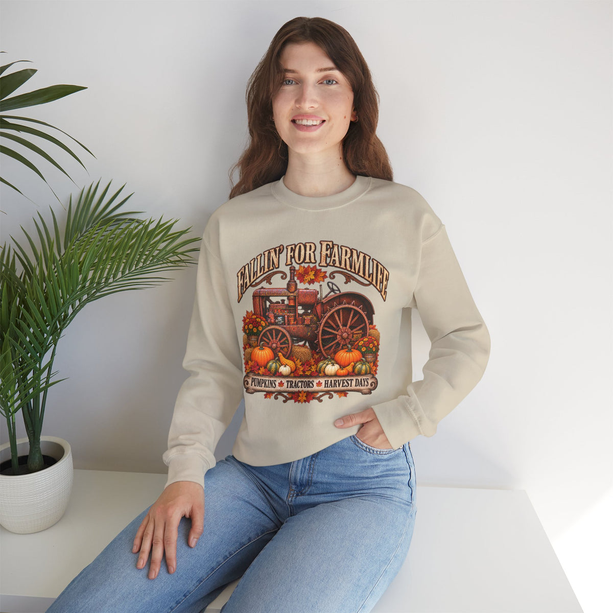 Fallin' for Farm Life Crewneck | Vintage Tractor, Pumpkins, Harvest