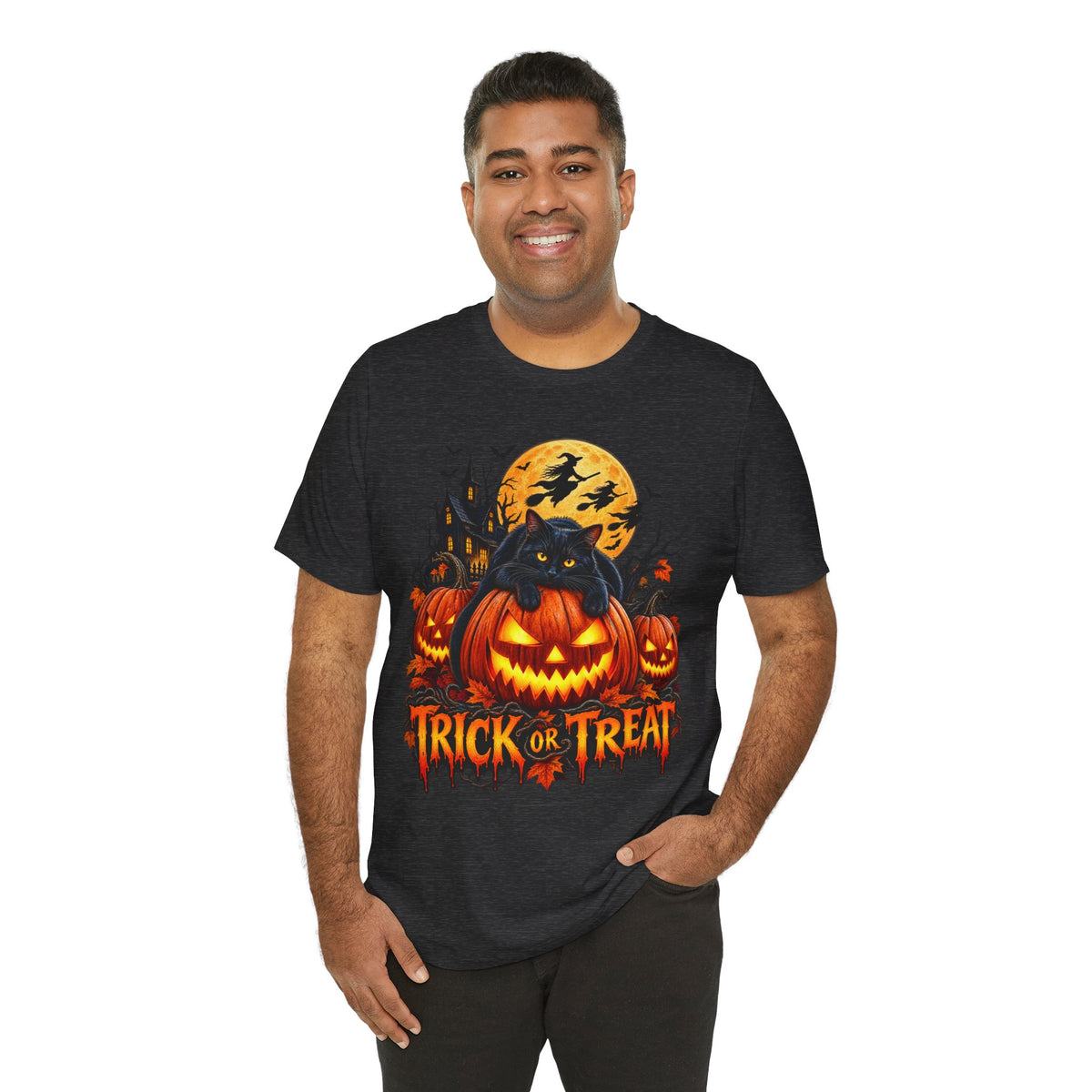 Trick or Treat Jack-O'-Lanterns Pumpkin Cat T-Shirt | Halloween Tee, Spooky Haunted Moon