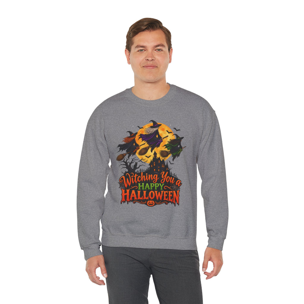 Witching You a Happy Halloween Crewneck Sweatshirt | Halloween Skull Moon Design