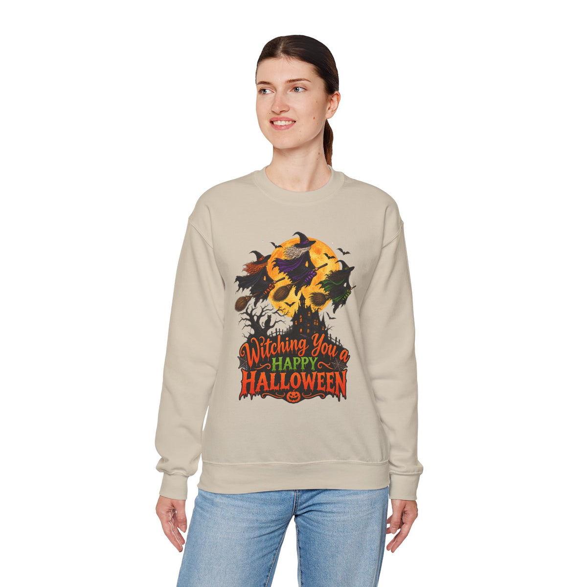 Witching You a Happy Halloween Crewneck Sweatshirt | Halloween Skull Moon Design