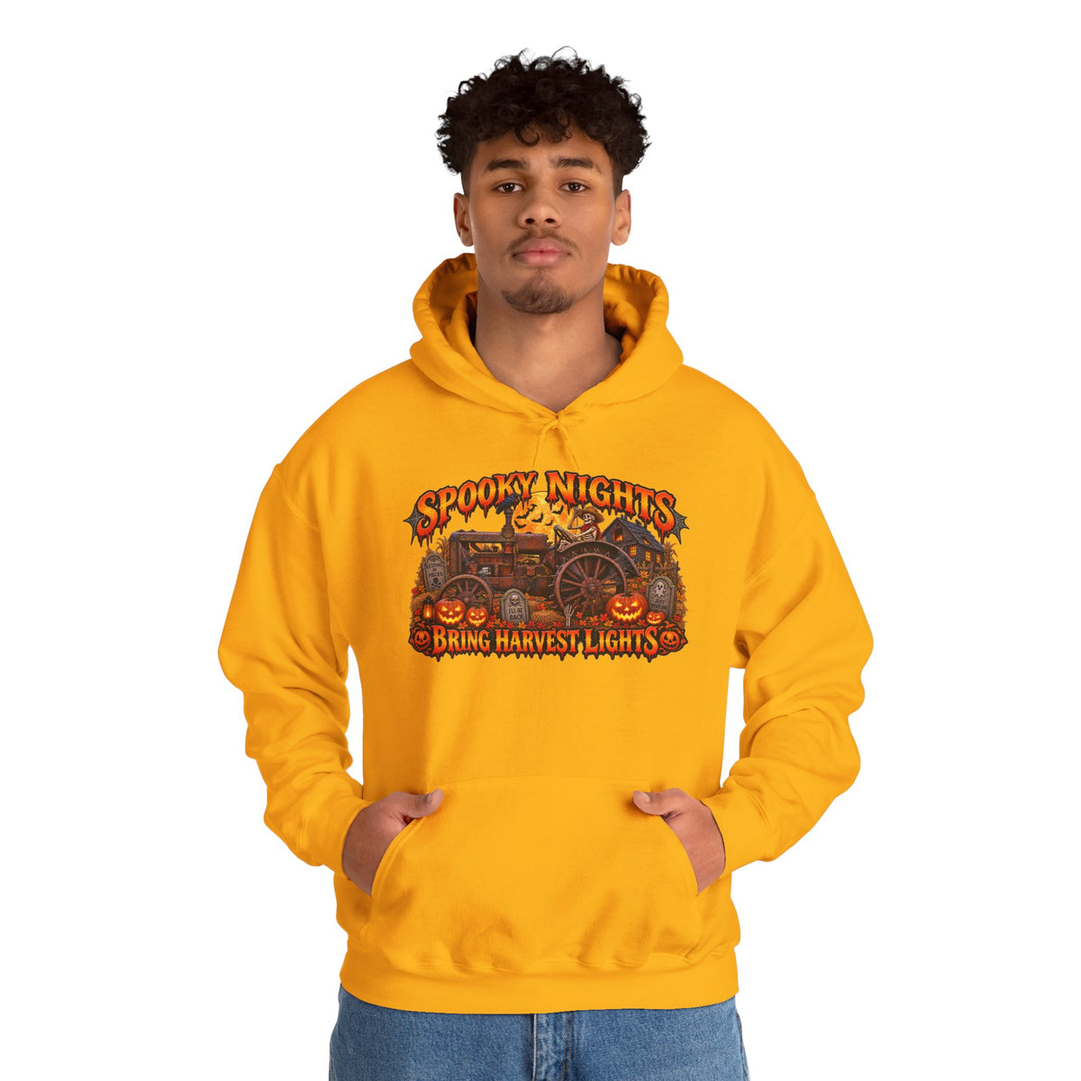 Spooky Nights Bring Harvest Lights Hoodie | Halloween Pumpkin Wagon Sweatshirt