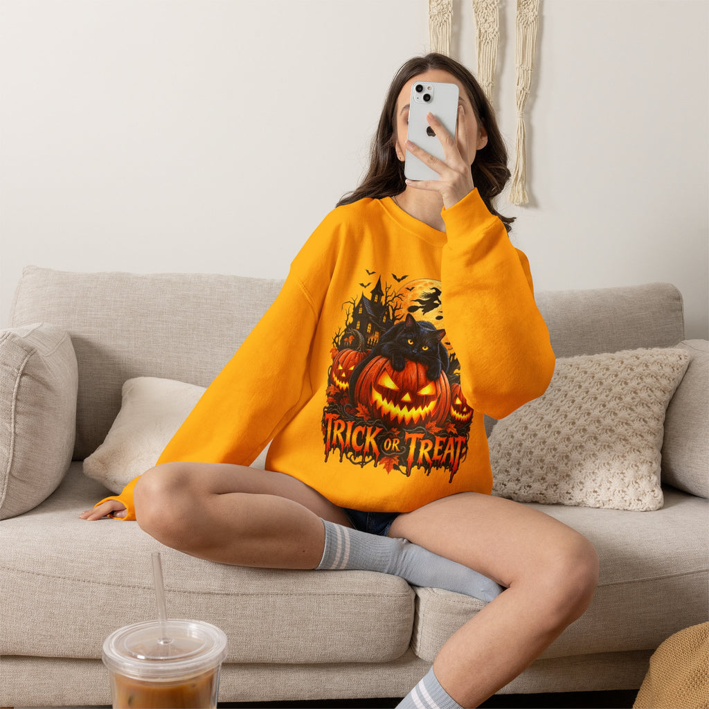 Trick or Treat Pumpkin Cat Sweatshirt | Halloween Jack-O'-Lantern Crewneck