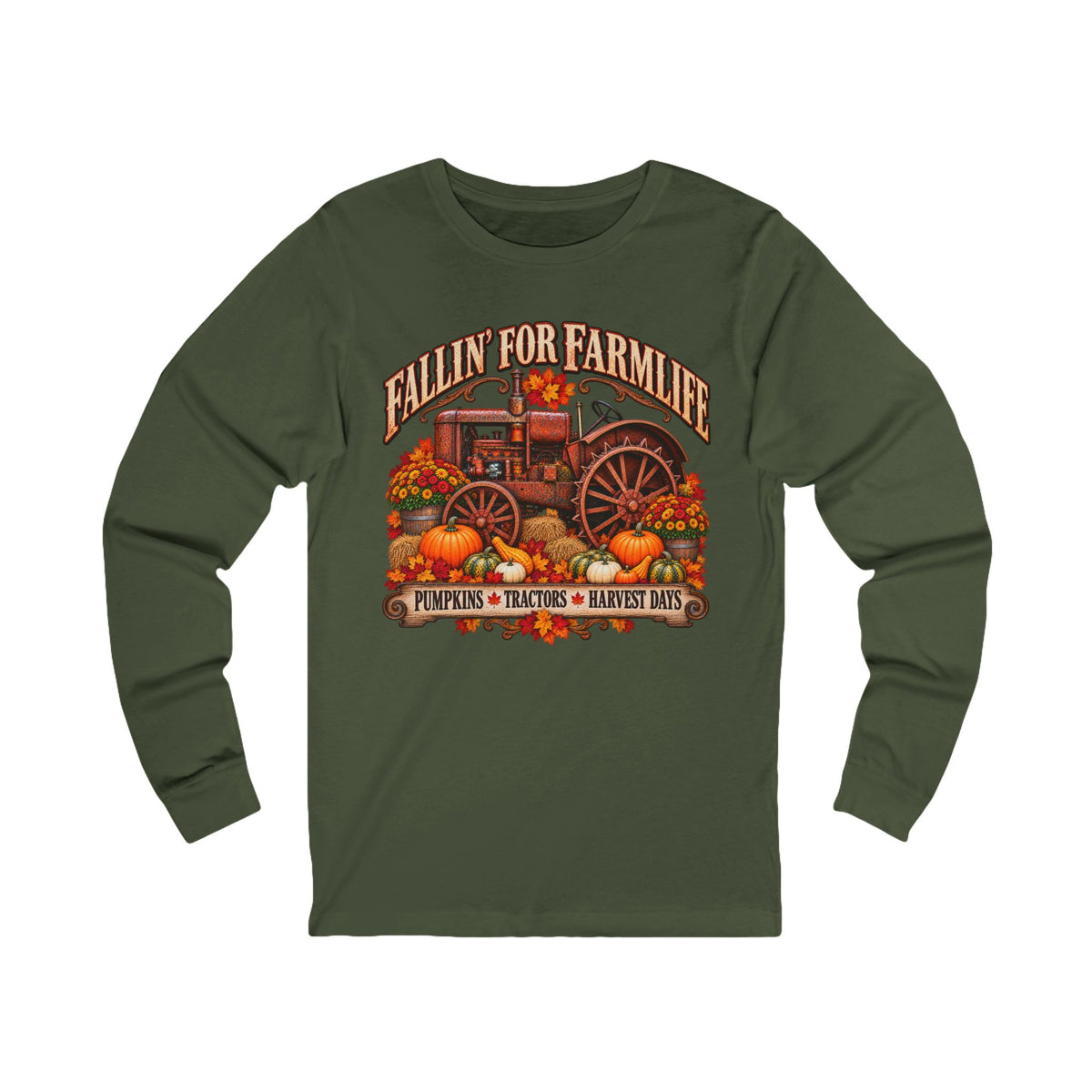 Fallin' for Farm Life Long Sleeve Tee — Pumpkin, Tractor & Harvest Days Design