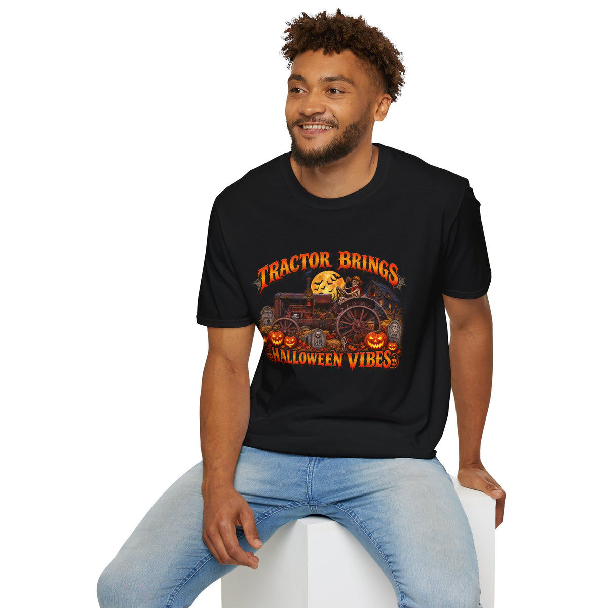 Tractor Brings Halloween Vibes T-Shirt | Pumpkin Farm Tractor Halloween Tee
