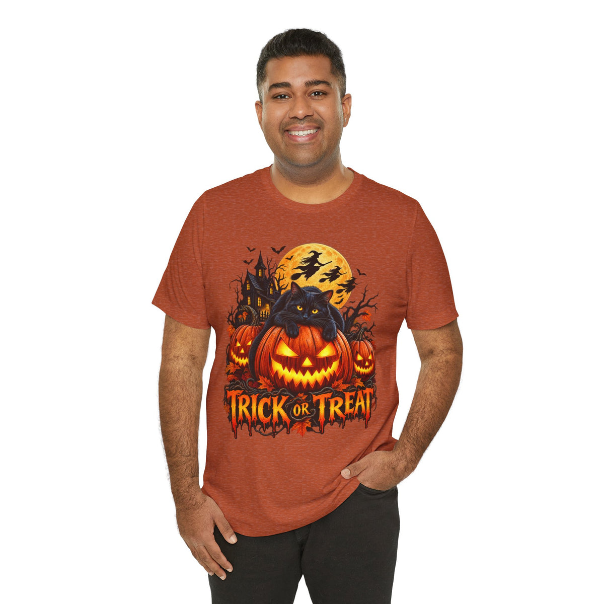 Trick or Treat Jack-O'-Lanterns Pumpkin Cat T-Shirt | Halloween Tee, Spooky Haunted Moon